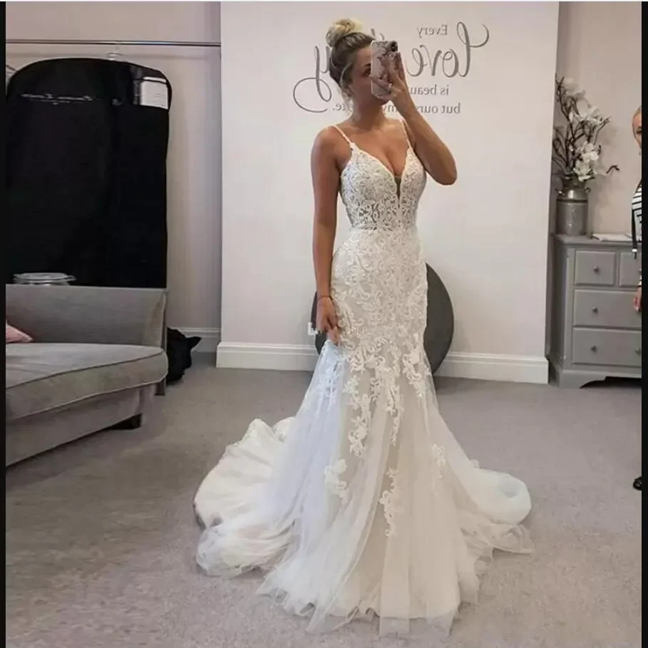 Customized Stunning V Neck Lace Mermaid Wedding Dresses Robe De Mariée 2023 Spaghetti Strap Backless Bridal Gowns