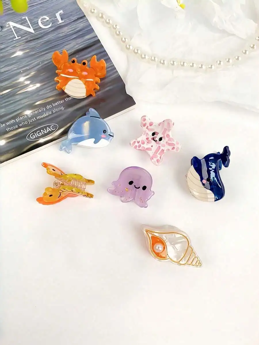 

7pcs Ocean Theme Acetate Hair Clips For Women Cartoon Whale Dolphin Octopus Crab Starfish Shell Mini Hair Accessories