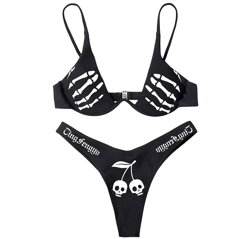 Cherry Skull Swimsuit Summer Bikinis Set Captivating New Women Split Skull Print Deep V-neck Padded Bikini+Elastic Waist Panties