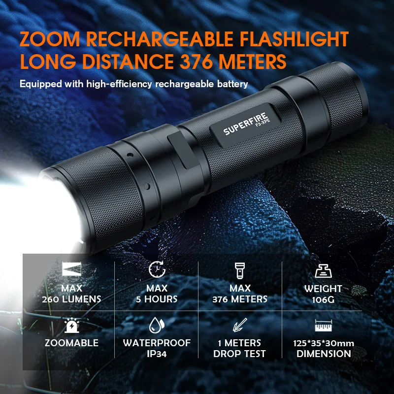 SUPERFIRE F3-XPE Led Flashlight Aluminum Alloy Tactical Hunting Torch USB Rechargeable Zoomable Lantern Use 18650 or AAA Battery