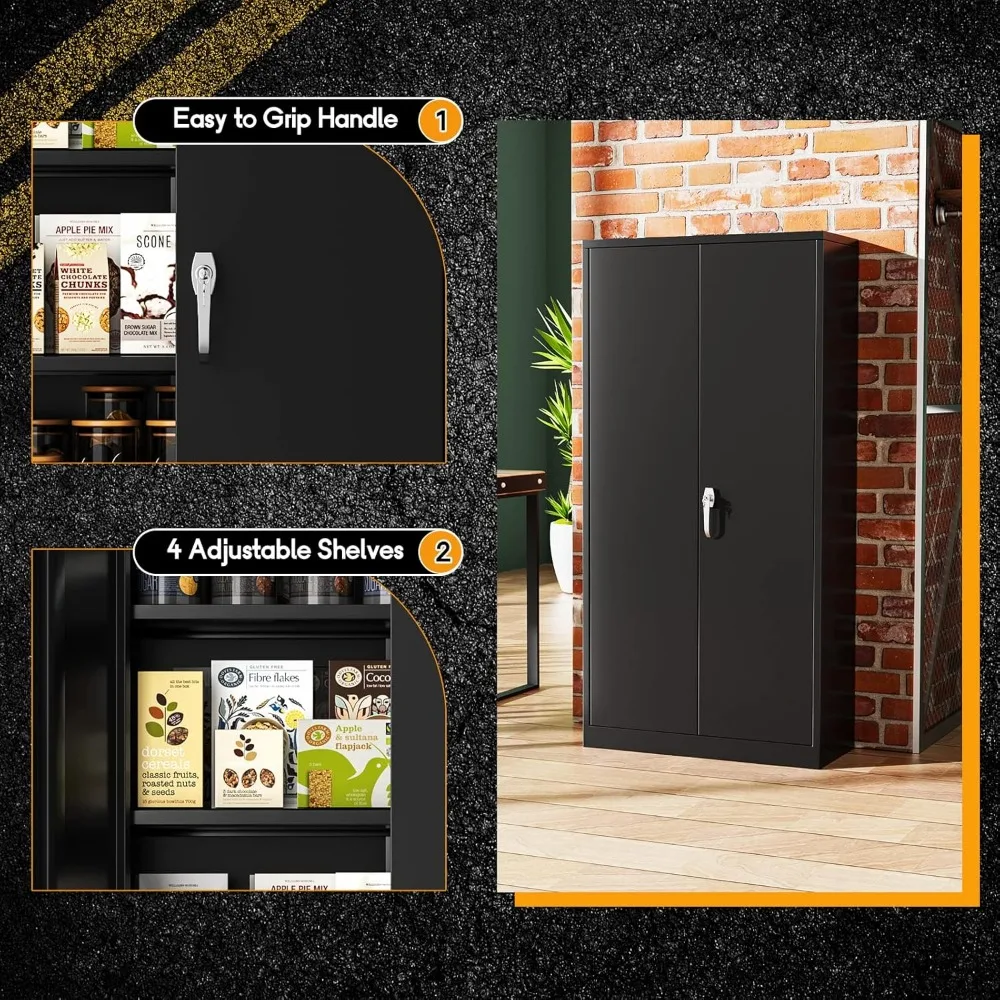 Storage Cabinet, 72” Black Garage Steel Locking Cabinet with Doors and 4 Adjustable Shelves,