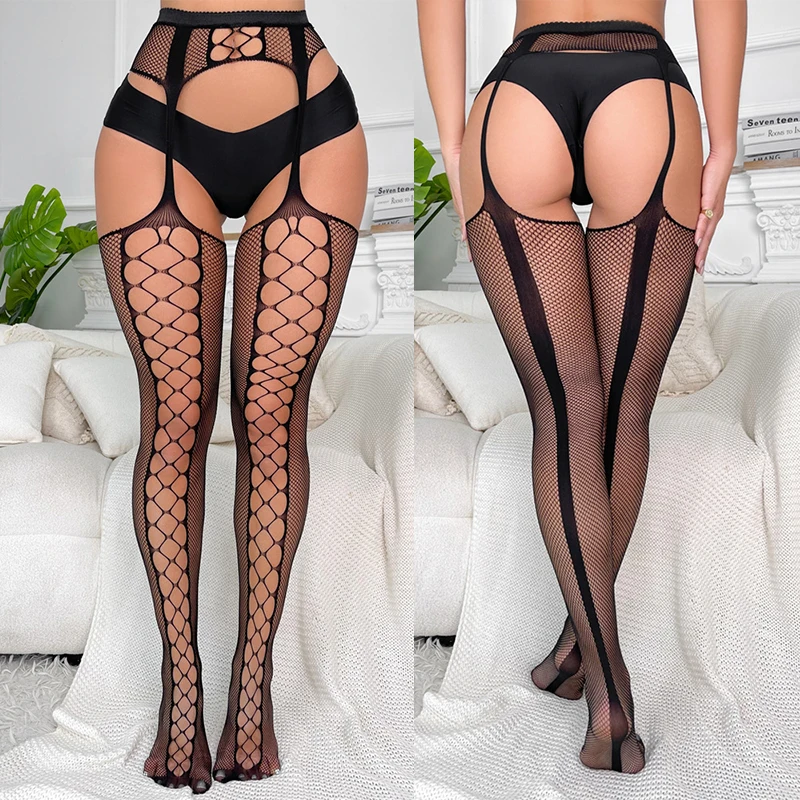 Women Sexy Fishnet Stockings Crotchless Pantyhose With Garter Belt Mesh Thigh High Tights Thin Transparent Suspender Lace Stocks