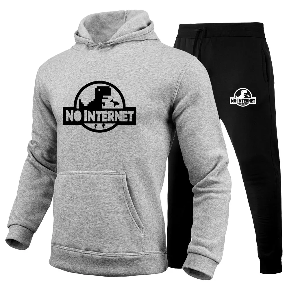 Jurassic Period NO INTERNET Mens Tracksuit Warm Hooded Sweatshirt+Sweatpants 2 Pcs Sets Winter High Quality Top Or Pants Casual