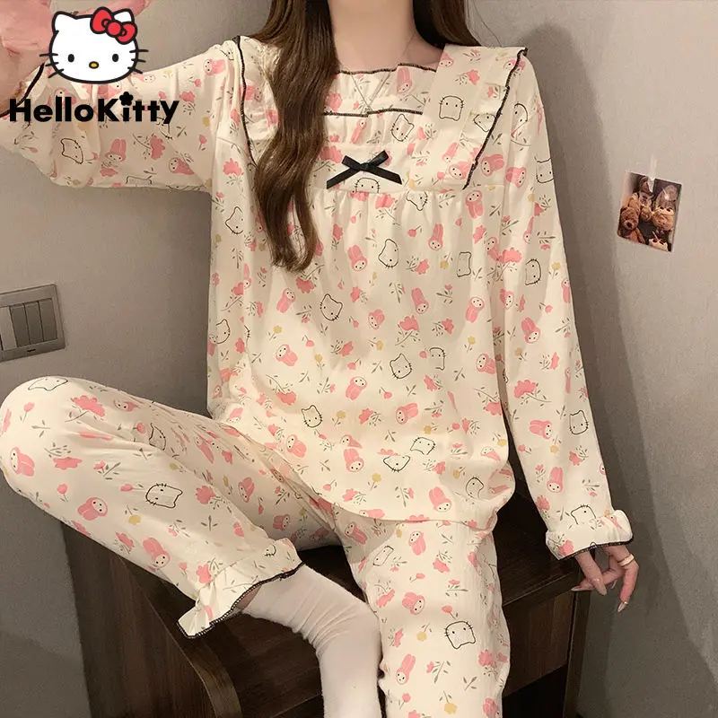 Sanrio Hello Kitty My Melody Cute Pajamas Niche Design Female Long Sleeved Sleepwear Sweet Soft Y2k Girl Harajuku Home Suit Set