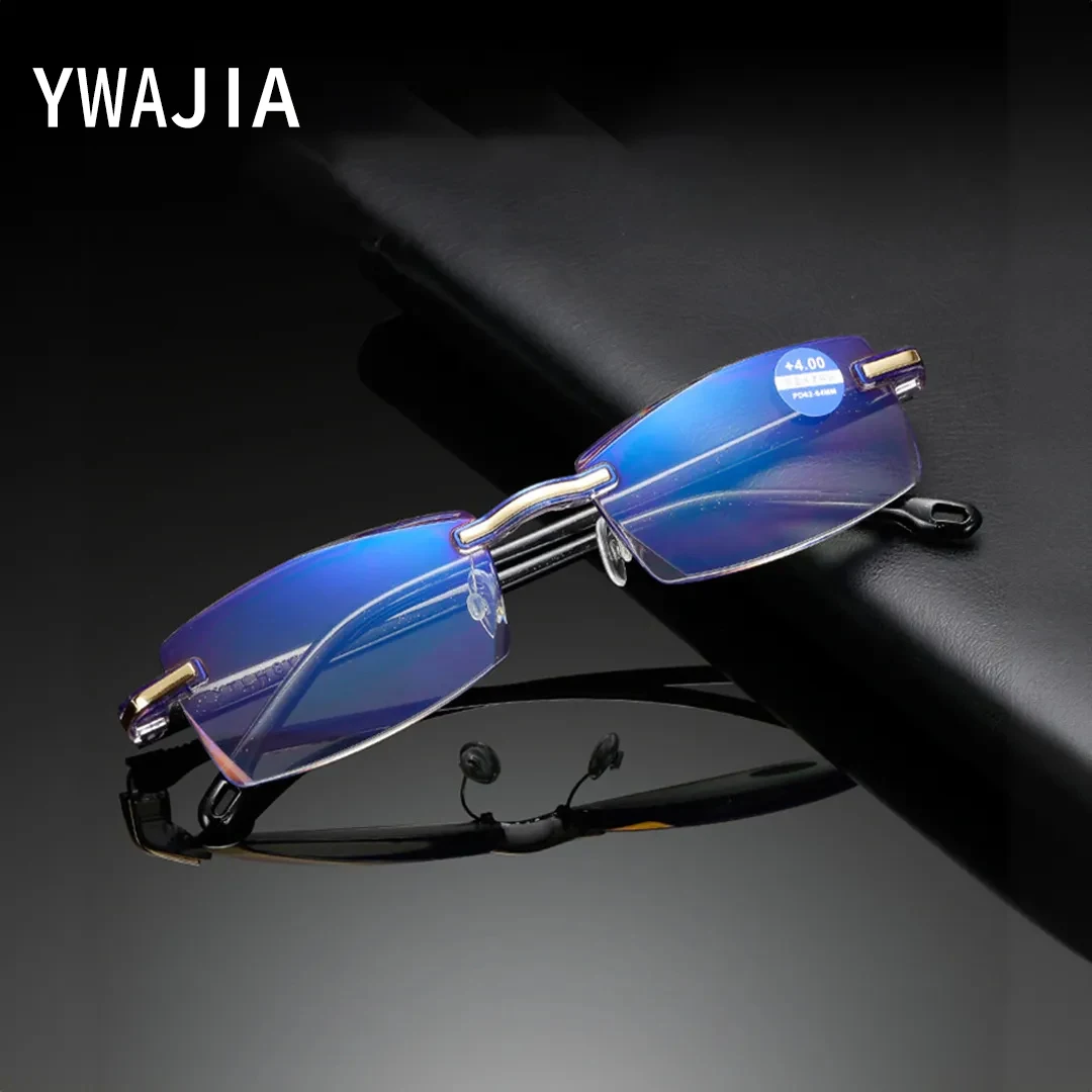 

Men Women Rimless Reading Glasses Anti Blue Light Bifocal Far Near Magnification Eyewear Presbyopic Glasses +150 +200