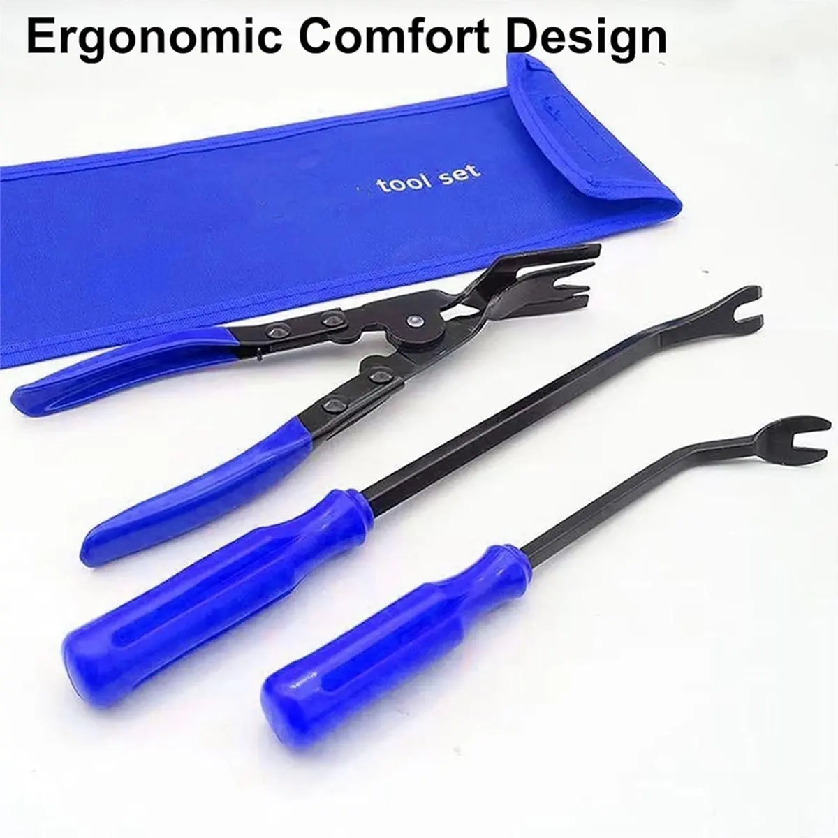 Kit de herramientas avanzado para extracción de molduras automáticas, juego de alicates con clip para paneles de 3 piezas con bolsa de almacenamiento para tapicería de automóviles, azul [2026 MOCC]