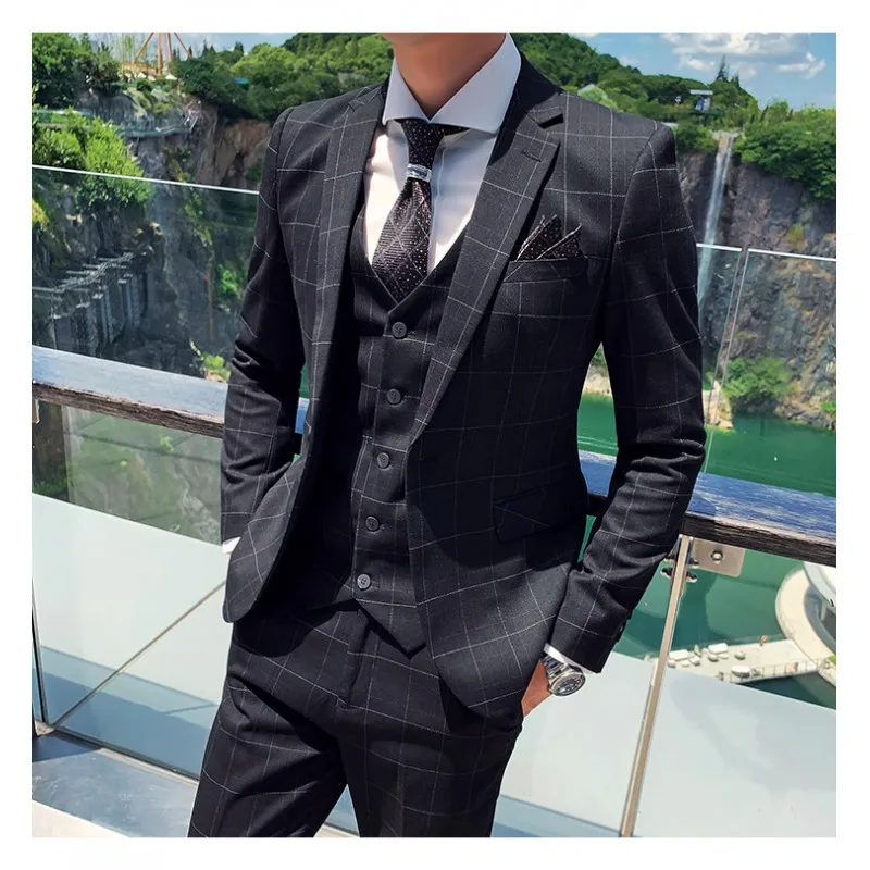 Main Promotion of New New Single-breasted Business + Wedding + Best Man Loose Suit Three-piece Plaid Comfortable Suit Men