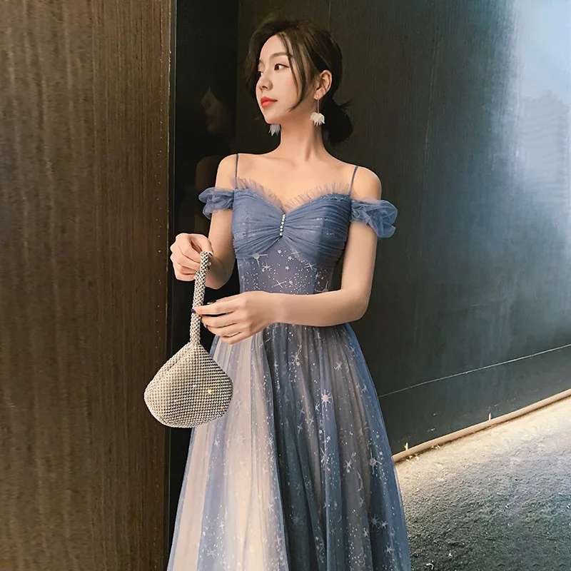 Blue Starry Sky Bridesmaid Evening Dresses New Fairy  Sisters Group Dresses Classic Square Collar Tulle Wedding Party Vestido