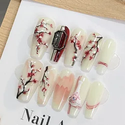 Ancient Style Red Plum Blossom False Nail Patches Chinese Style Ink Halo Handmade Press On Nails Art Nails