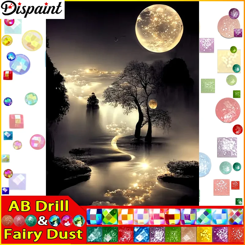 

Dispaint Fairy Dust AB Алмазная картина "Пейзаж Луна Дерево" 5D DIY Алмазная вышивка Полный квадратный/круглый горный хрусталь изображения