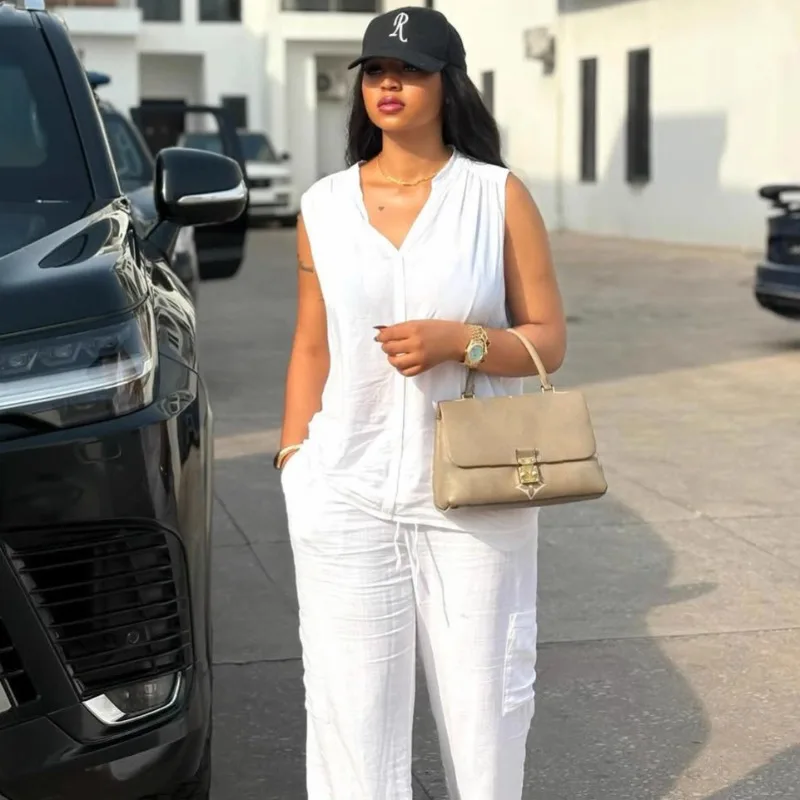 White Two Piece Set Women Cotton Sleeveless V Neck Shirt Wide Leg Cargo Pants African Casual Summer Outfits Loungewear Plus Size