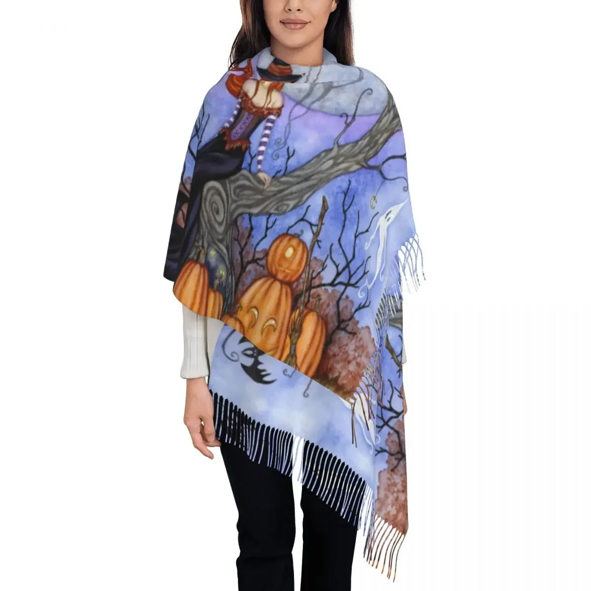 Ladies Long Halloween Tree Witch Pattern Scarves Women Winter Soft Warm Tassel Shawl Wrap Occult Gothic Magic Scarf