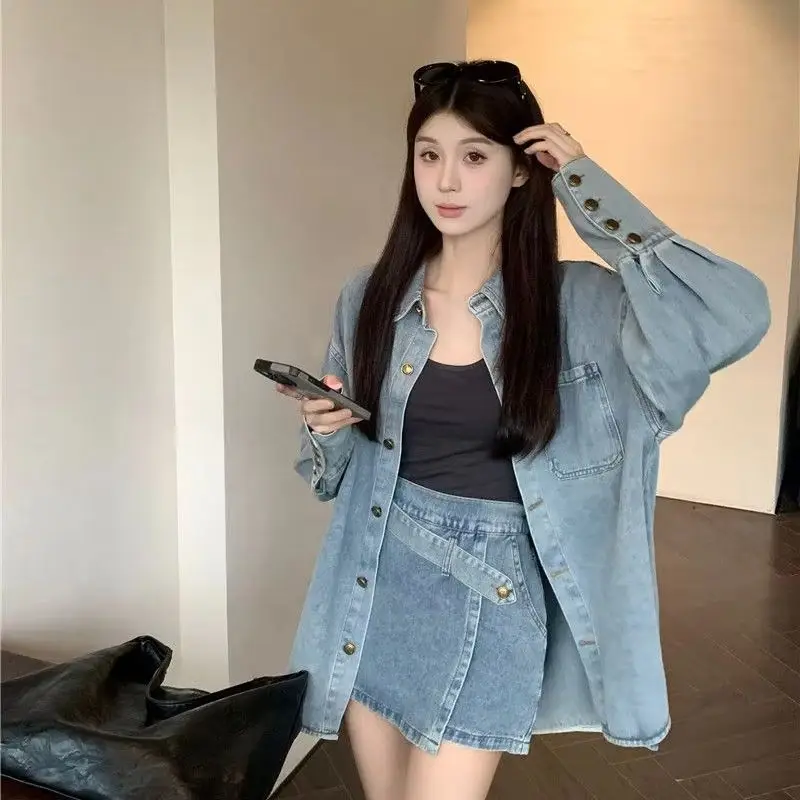 

Two-Piece Set Women'S Autumn Winter Retro Denim Shirt Jacket Irregular High-Waisted Skirt Fashionable High-Quality Suit