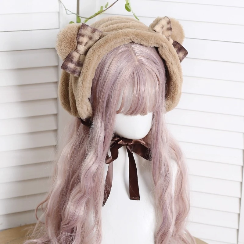 

Милая японская осенне-зимняя шапка в клетку с коричневыми медвежьими ушками в стиле Лолиты, универсальная защитная шапка для ушей с теплыми и милыми флисовыми насадками для ушей