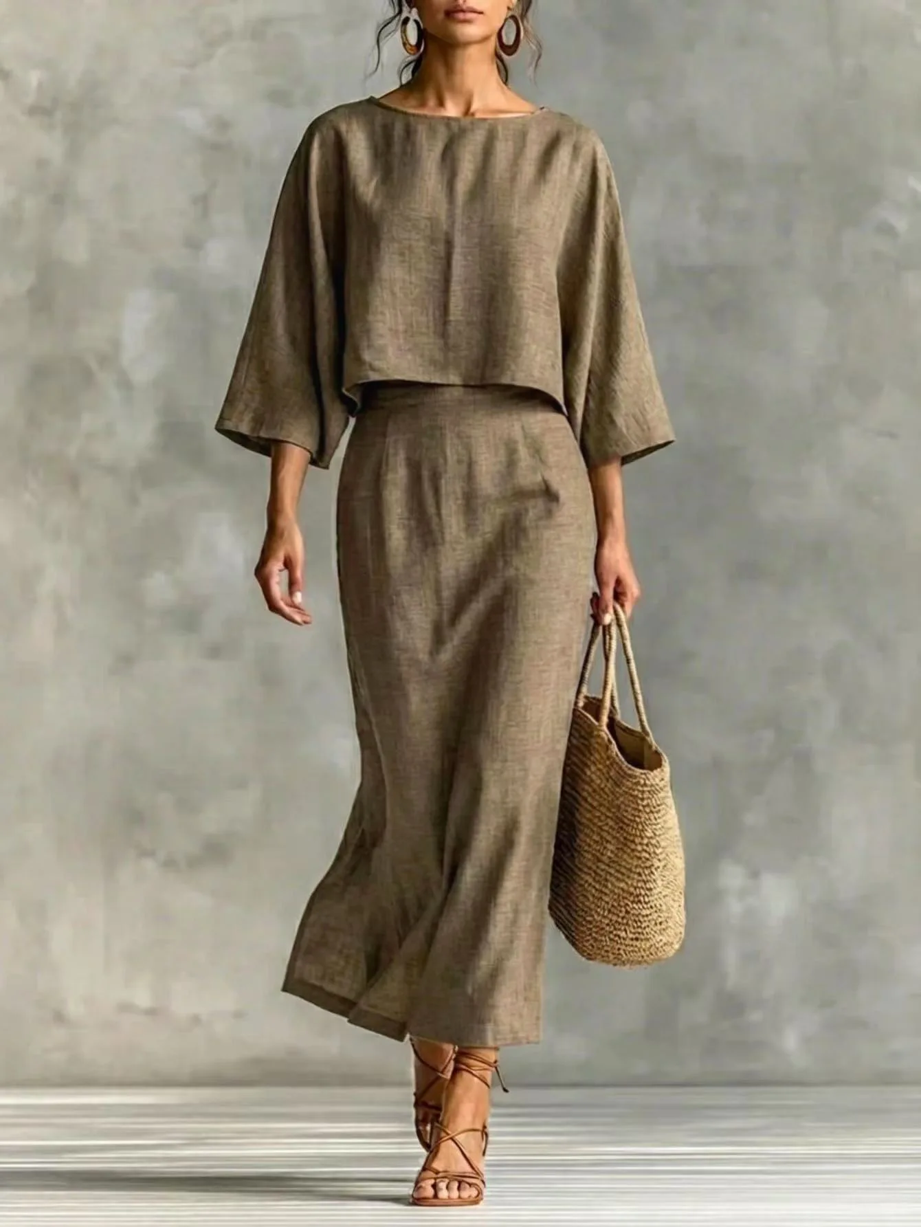 Women 2 Piece Outfit Sets Solid Casual Loose Top High Waist Midi Skirt Matching Suit Elegant Office Holiday Two Piece Skirt Set