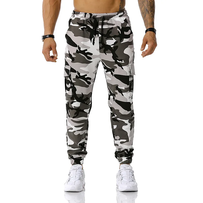 Calça Masculina com Cordão Camuflagem Cargo, Casual, Esporte, Corrida, Streetwear, Moda, Alta Qualidade