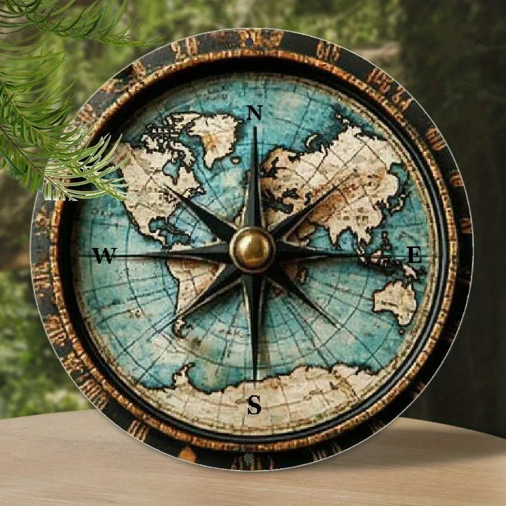 Vintage World Map Compass Tin Sign - Vintage Durable Metal Plaque Wall Decor, Home Office Bar Man Cave Wall Art