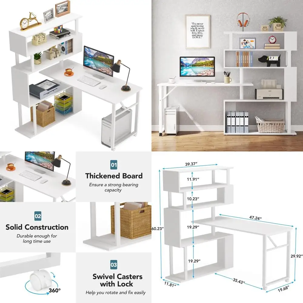 

Rotating Computer Desk with 5 Shelves Bookshelf, Modern L-Shaped Corner Desk with Storage, Reversible Office Desk Study Table W