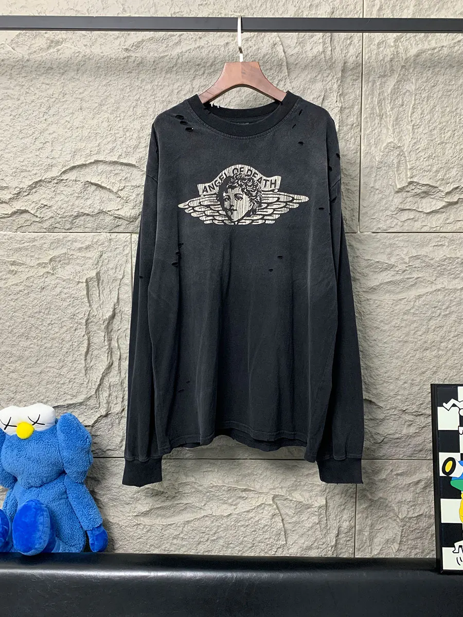 

Saint Angel Limited Hip Hop Vintage Waed Ripped Loose Long Sve T irt Men's Breathable Cotton Casual Sle round Ne
