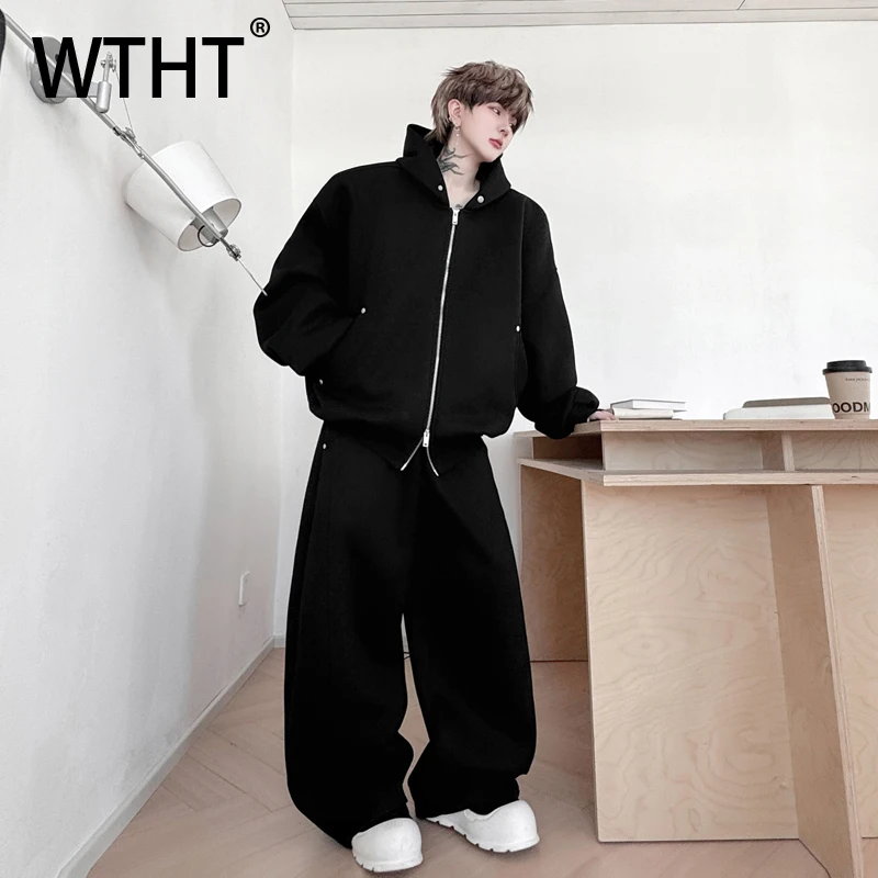 

WTHT Vintage Men's Set Hooded Zipper Patchwork Spliced Rivets Coats Loose Straight Wide Leg Pants Suit Male 2025 Autumn 2A1695