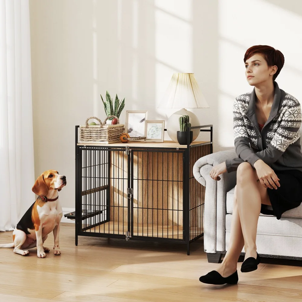 

Oak-Finished Dog Crate Side Table – 2-in-1 Furniture with Rotating Bowls for Medium Dogs