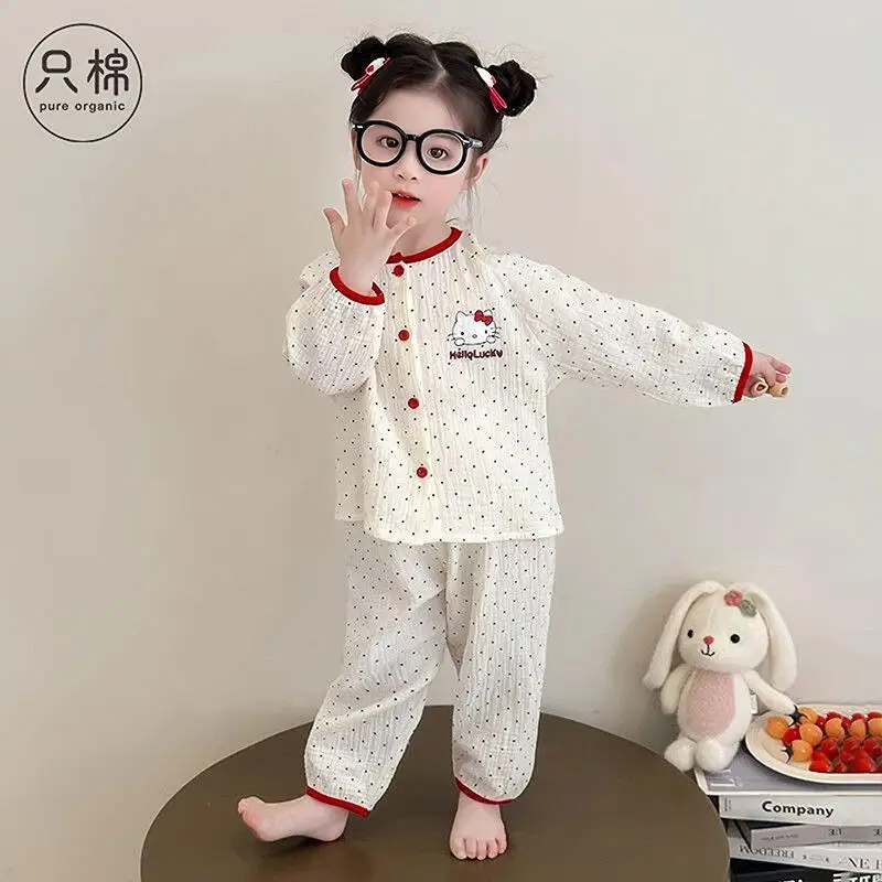 

Sanrio одежда для сна для девочек, 2 шт., модная двухслойная хлопковая пряжа с длинными рукавами в горошек «Hello Kitty», универсальная домашняя одежда с героями мультфильмов