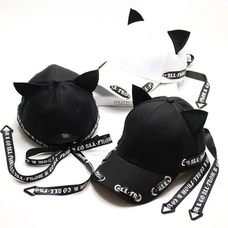 Punk Long Strap Cap Unisex Cat Ears Baseball Caps Women Streamer Cap Men Baseball Cap Brand Designer Caps Hip Hop Baseball Cap