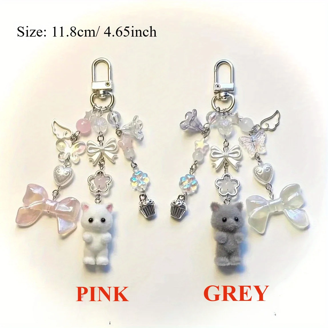 Kawaii Persian Cat Twins Keychains Y2k Beaded Bow Key Ring Gifts for Women Girls Cartoon Kitten Key Chains