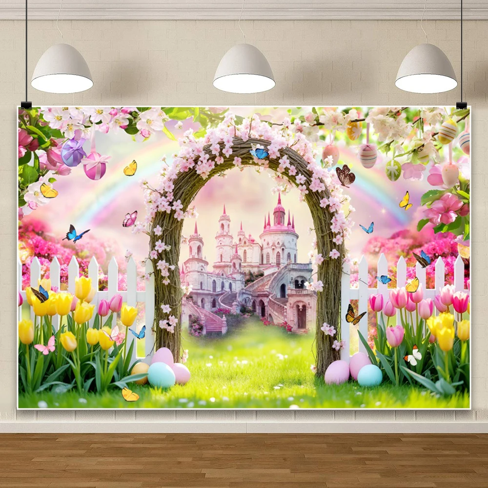 Easter Photo Background Spring Garden Lawn Bunny Egg Fence Kids Birthday Party Decoration Backdrop Photo Studio Shooting Props