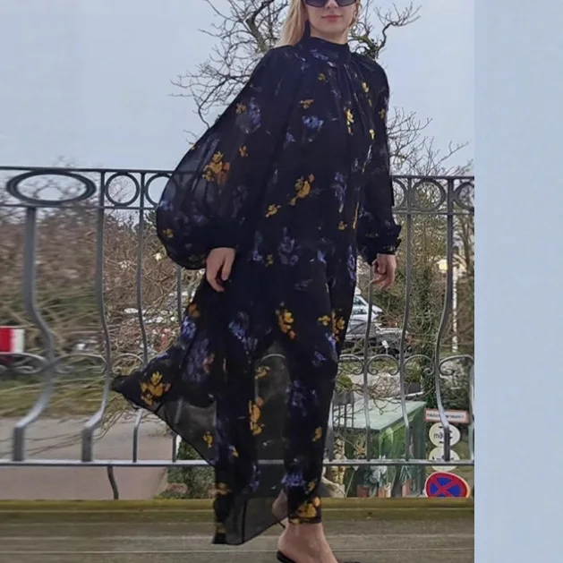 

2025 Autumn New Chiffon Fashion Printed Long-Sleeve Tie-Front Long Dress