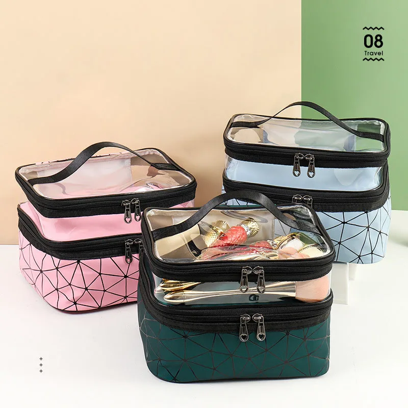 1 double-layer makeup bag, hand-held large capacity multi-layer portable travel skincare storage bag