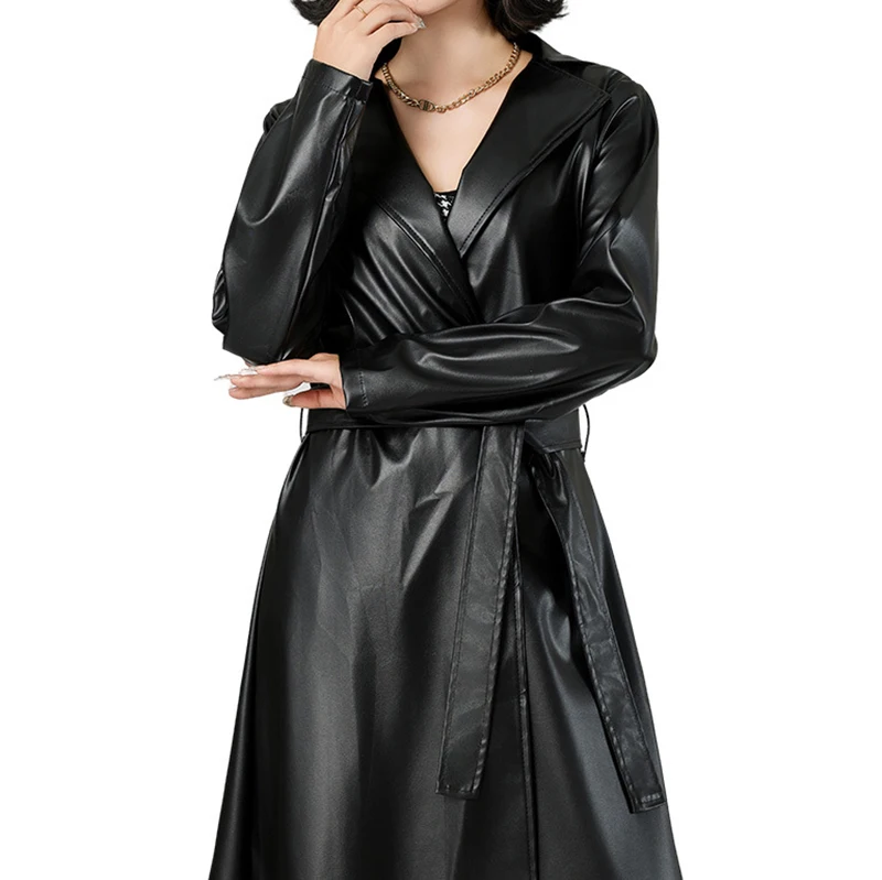 المرأة الشارع الشهير سترة واقية سوداء التعادل بولي سترات سترات من الجلد للنساء خريف شتاء يندبروف أنوراكس خندق معطف للنساء #3