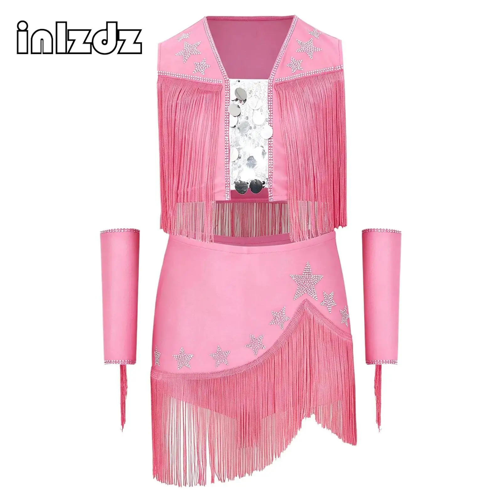 Disfraz de Vaquera para Niñas con Lentejuelas Brillantes, Chaleco con Borlas y Faldas, Estilo Streetwear para Actuaciones de Jazz