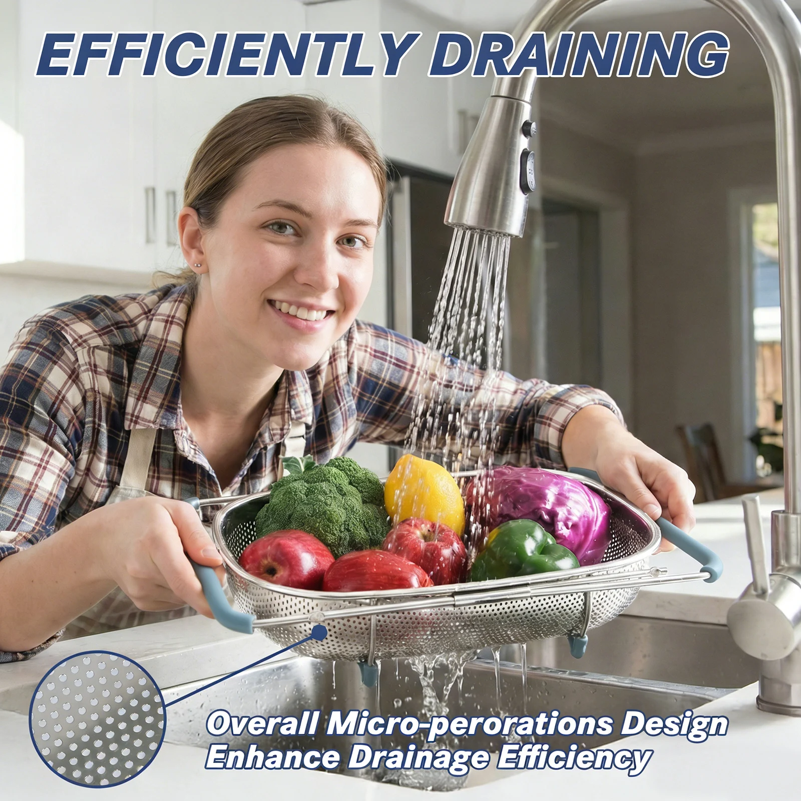 tastyWay Stainless Steel Retractable Drain Basket Rubber Grip Handles Oval Colander Sink Vegetables Draining Rack Home Storage B