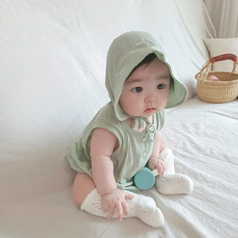 

2026 Summer New Baby Sleeveless Bodysuit + Hat Infant Boy Girl Cotton Breathable Jumpsuit Solid Newborn Toddler Clothes 0-24M