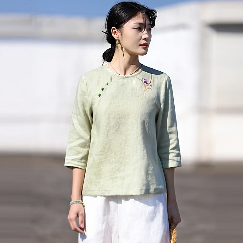

Новая женская льняная блузка в китайском стиле, лето 2026, винтажная, с круглым вырезом, цветочной вышивкой, с коротким рукавом, топы-рубашки M2529