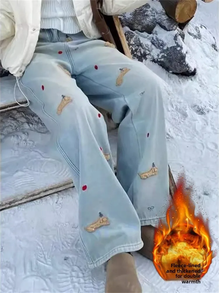 

Джинсы женские больших размеров, винтажные, в американском стиле, на подкладке, осенне-зимние, свободные, с высокой талией, прямые, широкие штанины, длиной в пол...