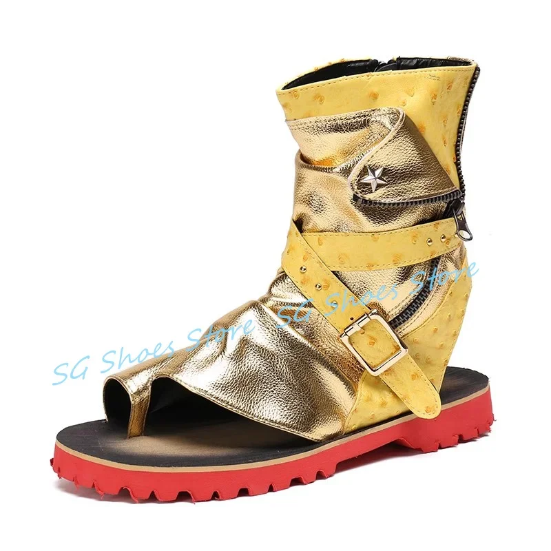 

Summer Peep Toe Roman Flipflop Male Breathbale Outside Cool Boots Hollow-Out Belt Buckle High Top Leisure Sandals for Men
