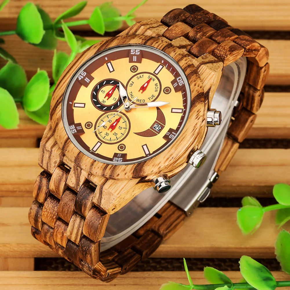 Chronograph Calendar Round Dial Quartz Watch for Men Folding Clasp Wooden Bangle Male Watches Vintage Natural Men\'s Timepiece