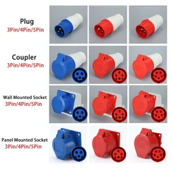 Industrial Plug & Socket Waterproof Male Female 3P/4P/5P Electrical Connector 16A IP44 Wall Mounted Socket AC 220-250V