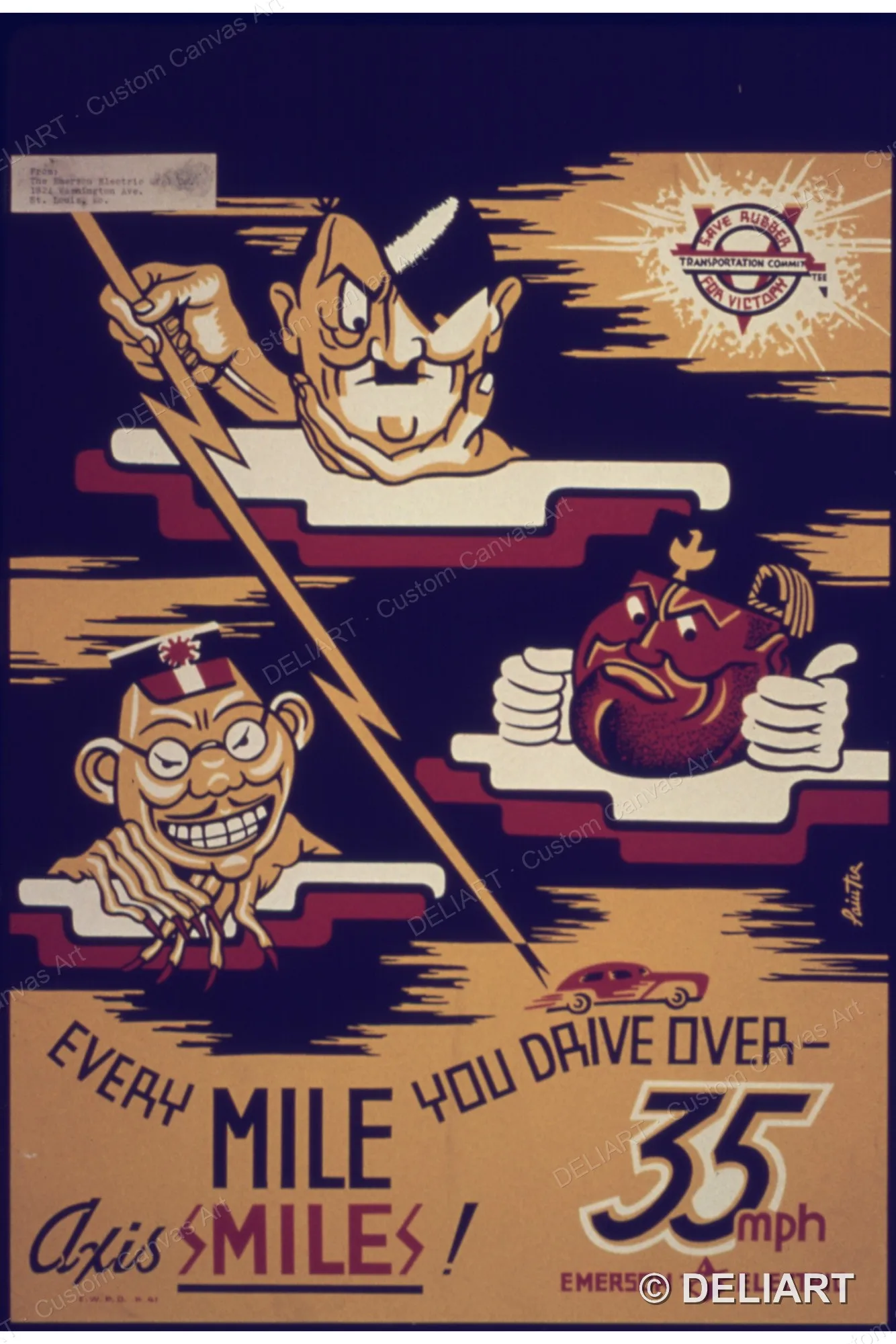 Every Mile You Drive Over - Axis Smiles! 35mph Vintage WWII Propaganda Canvas Wall Art Poster Print Retro Home Decor Unframed