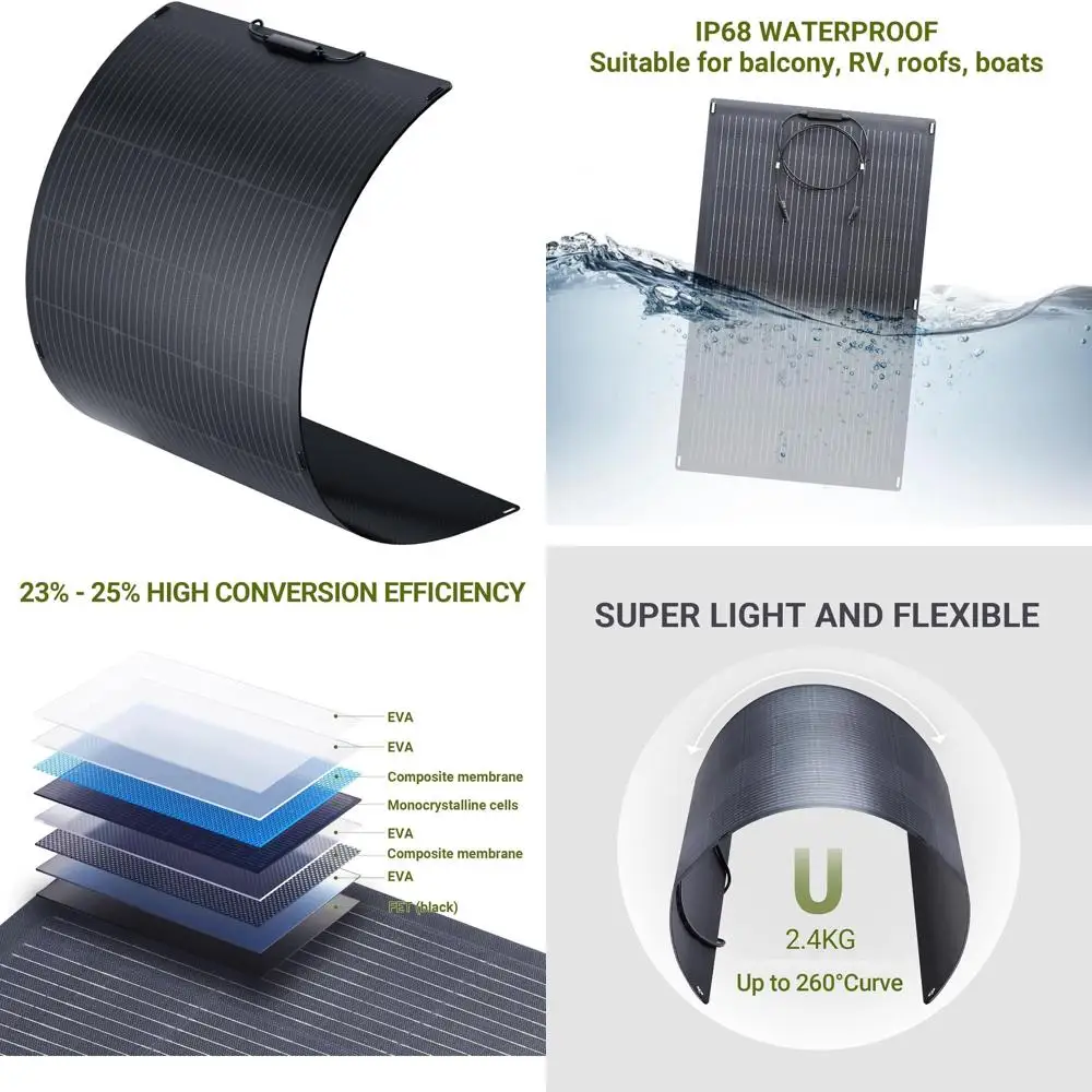 

Гибкая монокристаллическая солнечная панель 100 Вт, 25% КПД, ультратонкая, водонепроницаемая IP68 для крыш автодомов, кемпинга, морского применения