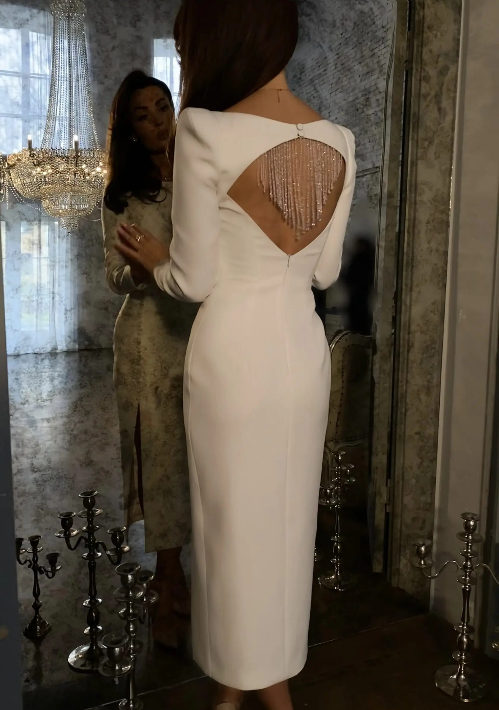 

Long Sleeve White Hollow Heart Shaped Tassel Design Maxi O Neck Bodycon Bandage Dress Elegant Party Evening Birthday Wedding