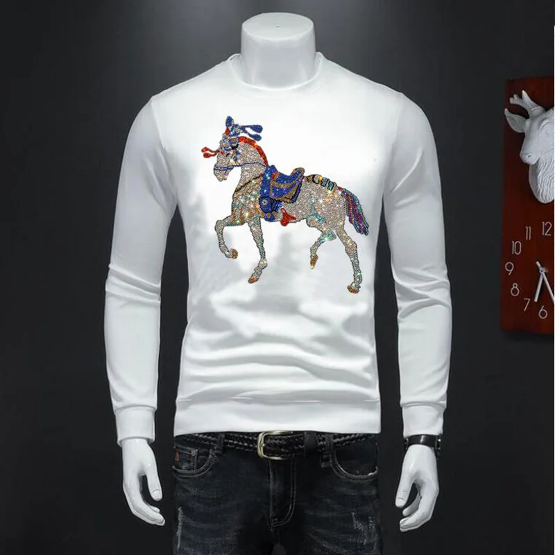 Men hoodies long  Sleeve Casual  Male Rhinestones horse  slim fit  Homme Top  hoody 086