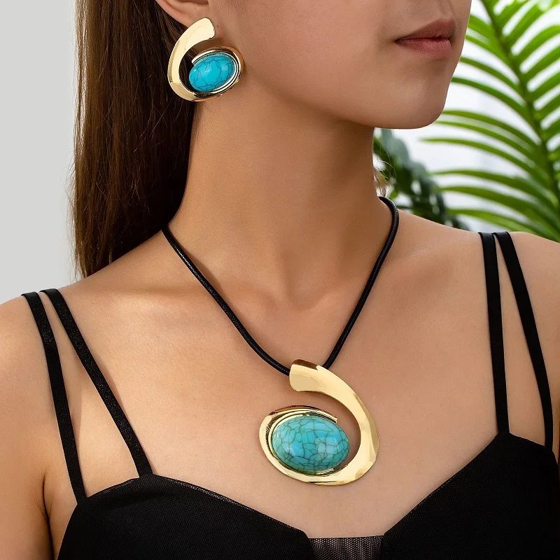 Necklace Turquoise Pendant Rope Chain Earring Set Women Girls Gifts Fashion Jewelry Hot Sale Party Gift 2025 New Style