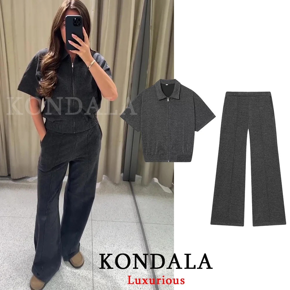 KONDALA – costumes décontractés en tricot gris pour femmes, vestes Polo à manches courtes avec fermeture éclair, taille haute, pantalons à jambes larges, mode automne hiver 2025