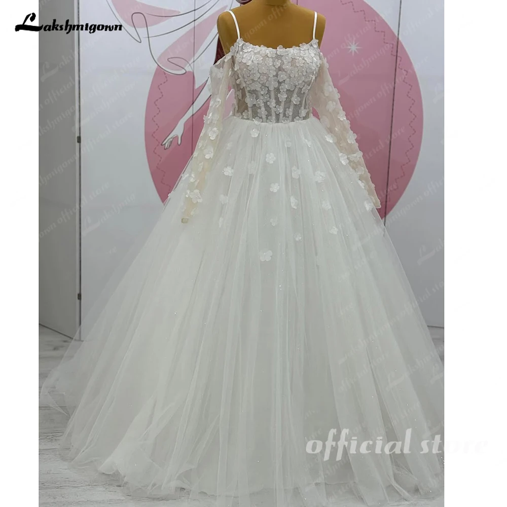 Lakshmigown 3D Flowers Strapless Wedding Dresses Sparkly Glitter Woman's Appliques Long Sleeve Bride Gowns Off White Customized