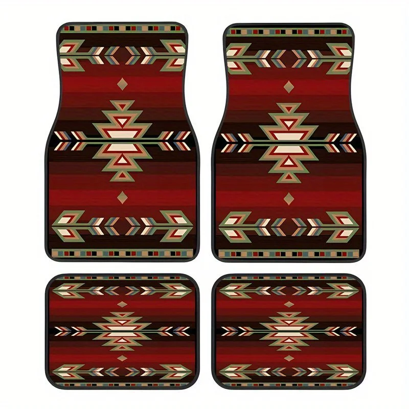 4pcs, Bohemian Style Pattern Car Rubber Mats, Universal Anti-slip Carpet, Easy To Clean, Pet-friendly Car Accessories, Synthetic