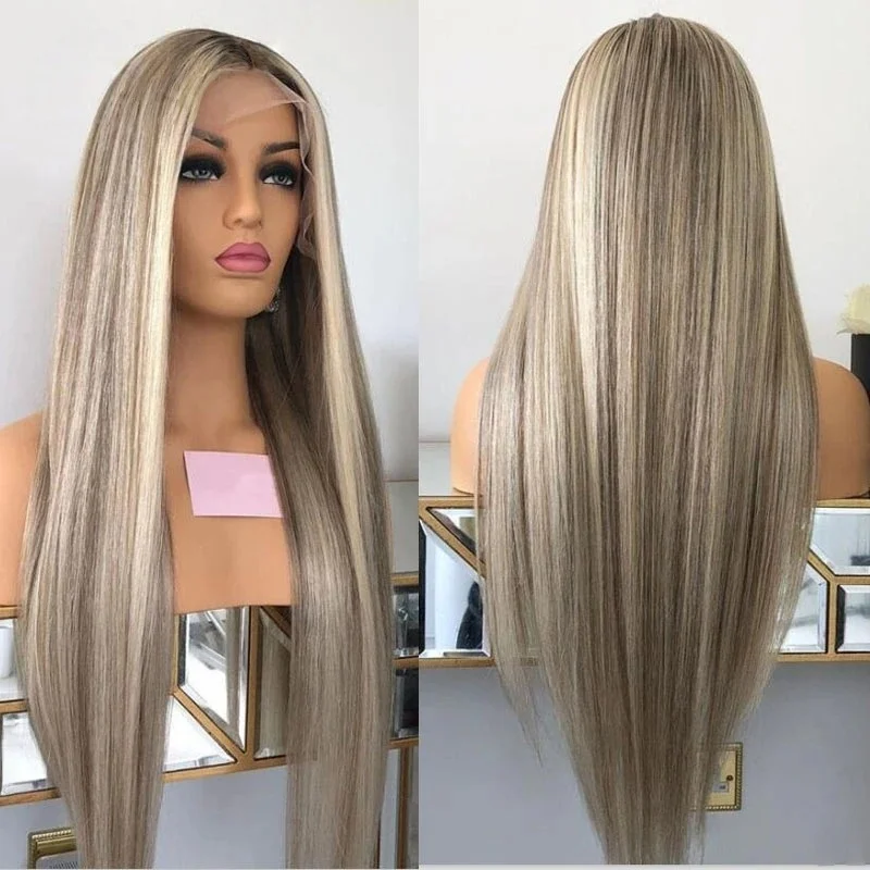 Ombre Platinum Blonde With Ash Brown Roots Natural 13x4 Straight Lace Front Wigs Synthetic Fibre Mixed blended For White Women