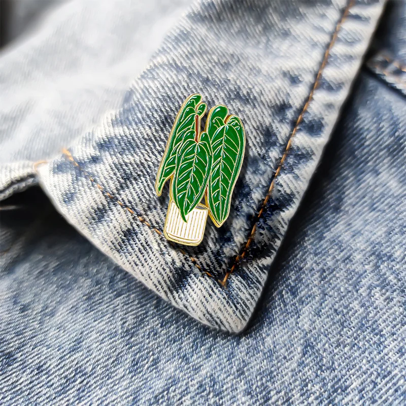 cartoon potted flower alloy enamel brooch metal badge green plant lapel pin